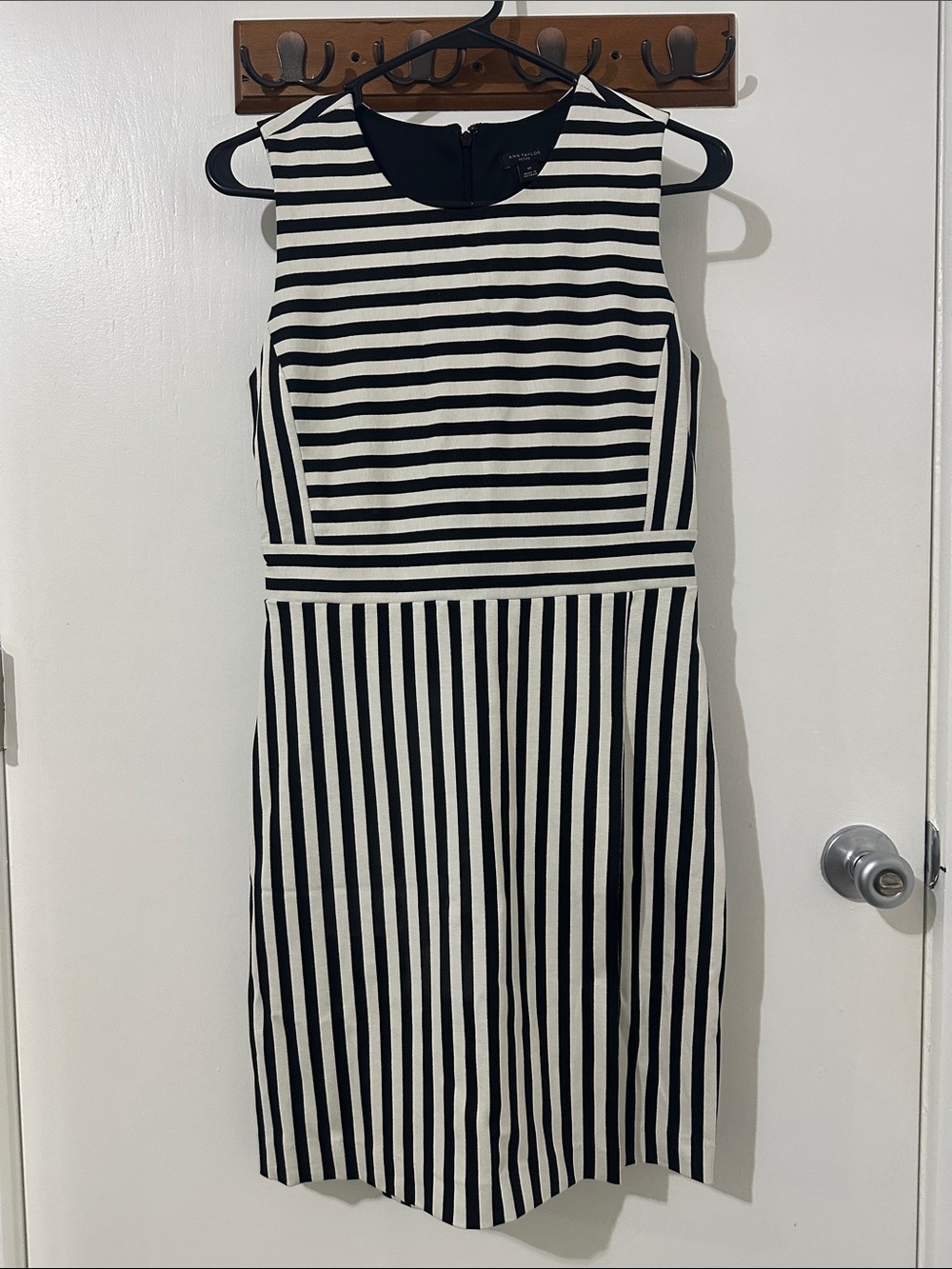 Ann Taylor Black and White Striped Midi Sheath Dress
